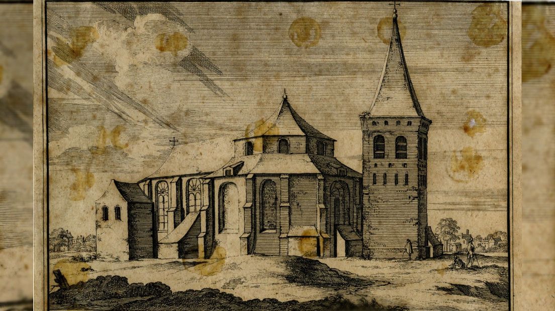 Een prent van de Sint-Walburgkerk uit begin zeventiende eeuw