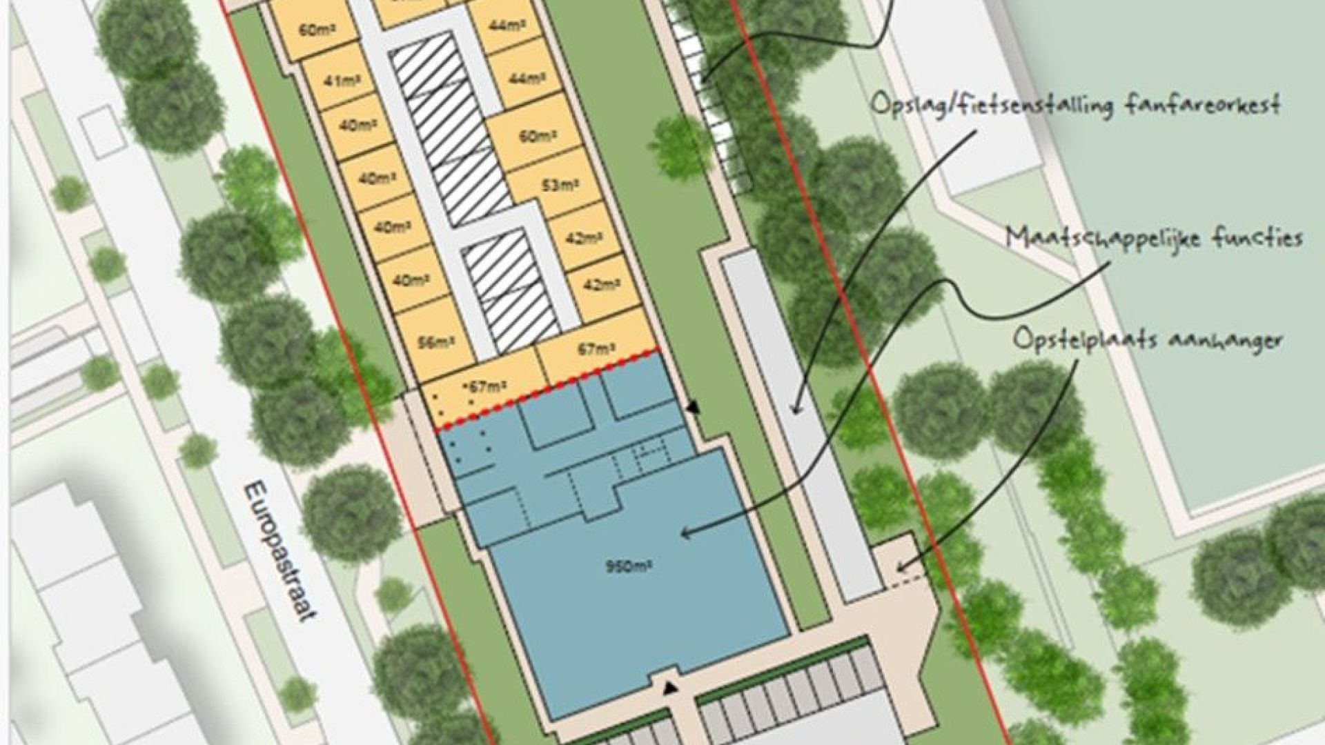 De beoogde indeling met ruimte voor maatschappelijke functies in het blauw gearceerde gedeelte en circa 17 betaalbare woningen in de voormalige klaslokalen.
