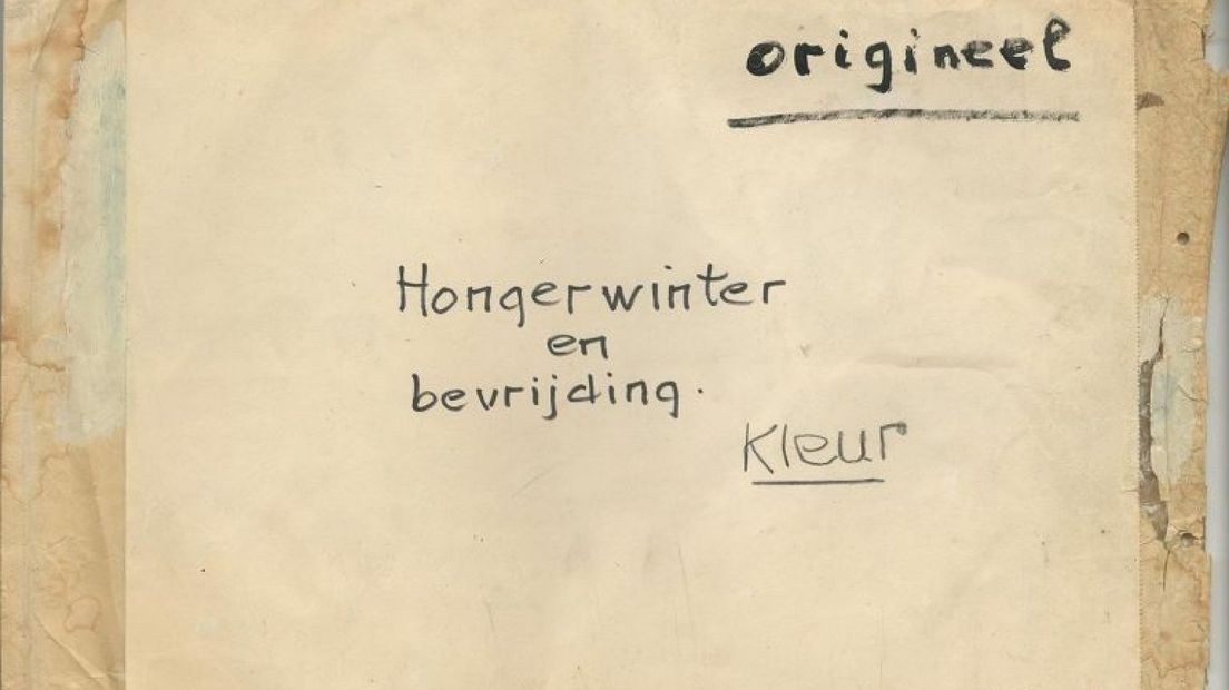 Envelop met daarin de originele tekeningen en teksten van de serie Hongerwinter en bevrijding van Jan Vegter