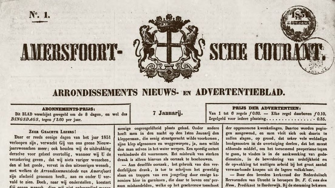 De voorpagina van de eerste Amersfoortsche Courant uit 7 januari 1851.