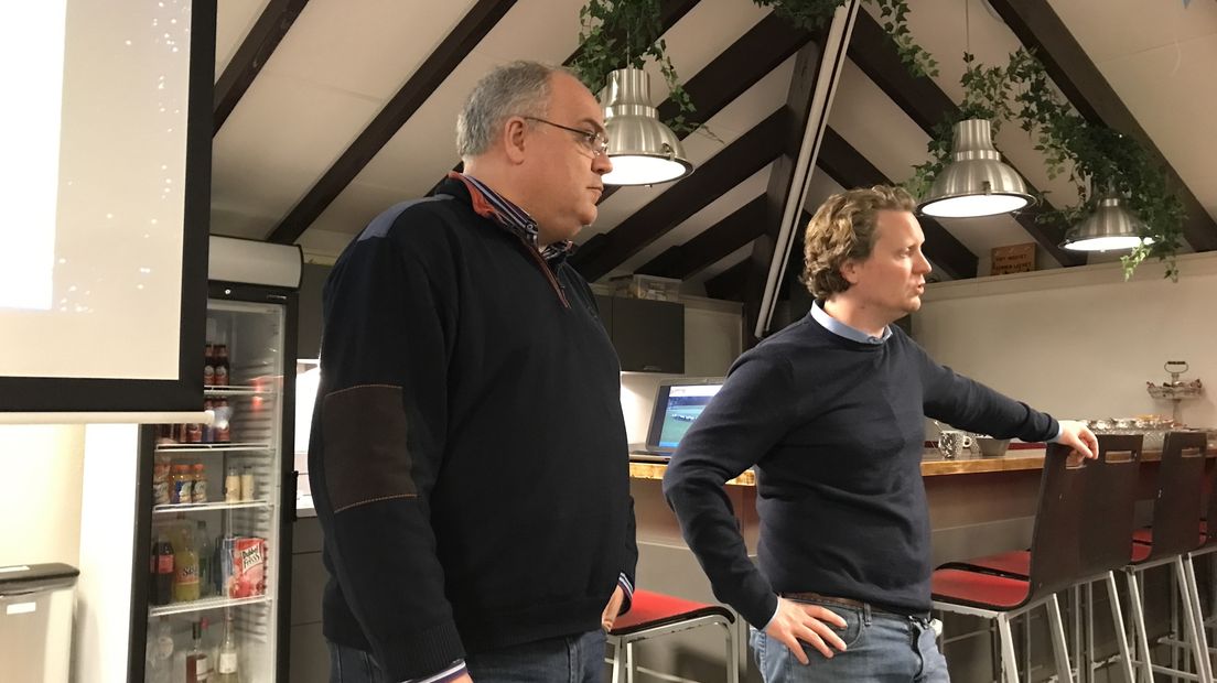 Directeur Wim Wolters (l) van windpark Drentse Monden Oostermoer en Siward Zomer van De Windvogel (Rechten: RTV Drenthe/Steven Stegen