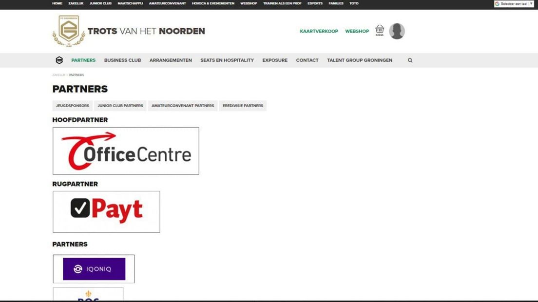 IQONIQ is prominent zichtbaar tussen de sponsoren op de website van FC Groningen