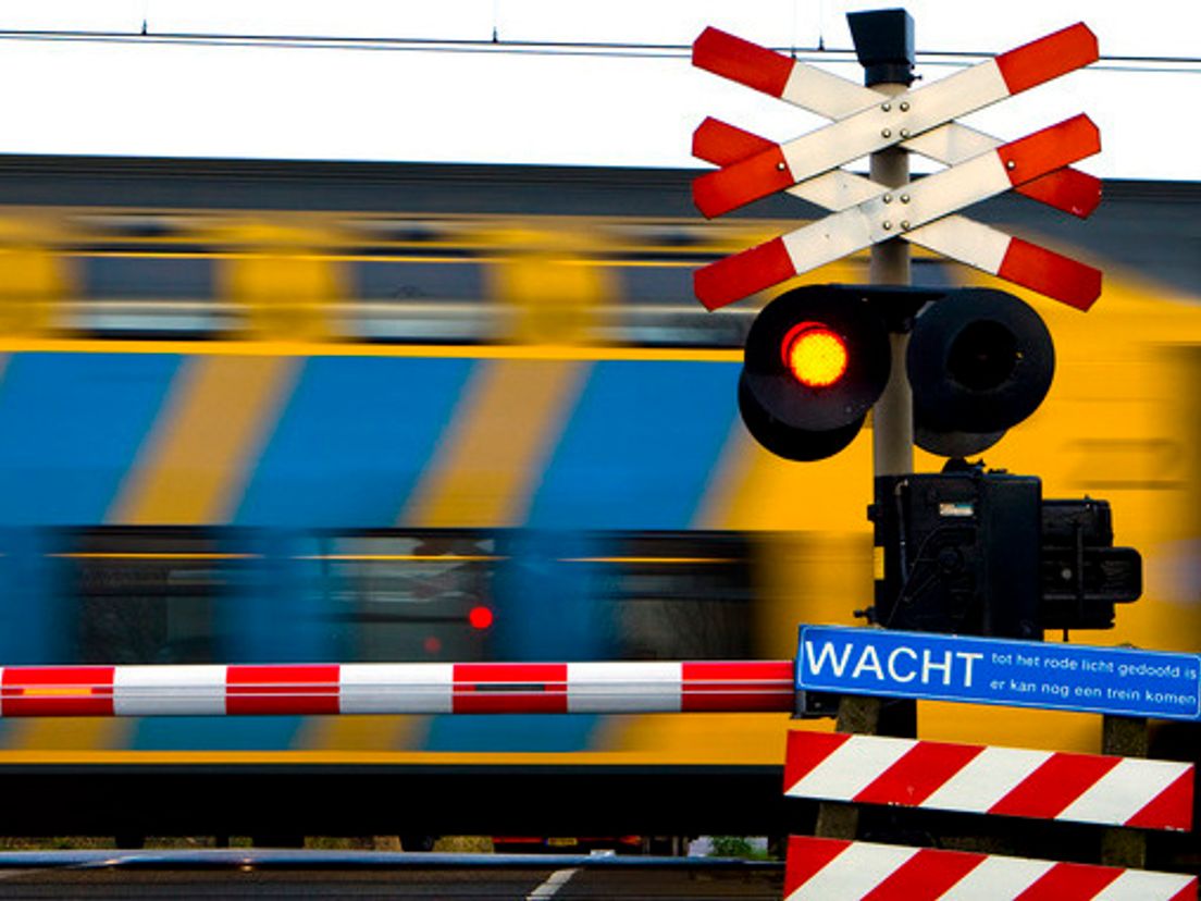 Archief: voorbijrazende trein langs spoorwegovergang