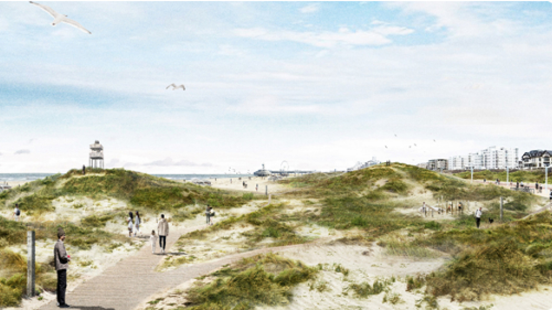Een tekening van hoe Scheveningen er in 2100 uit moet gaan zien