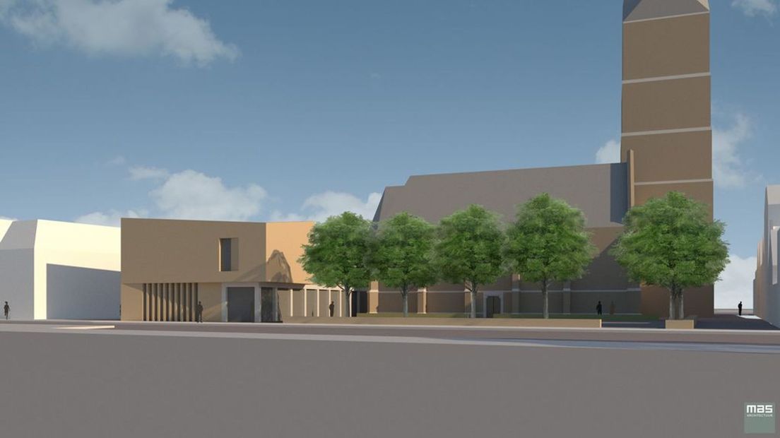 Een impressie van hoe het nieuwe parochiecentrum eruit moet komen te zien. (links op de foto)