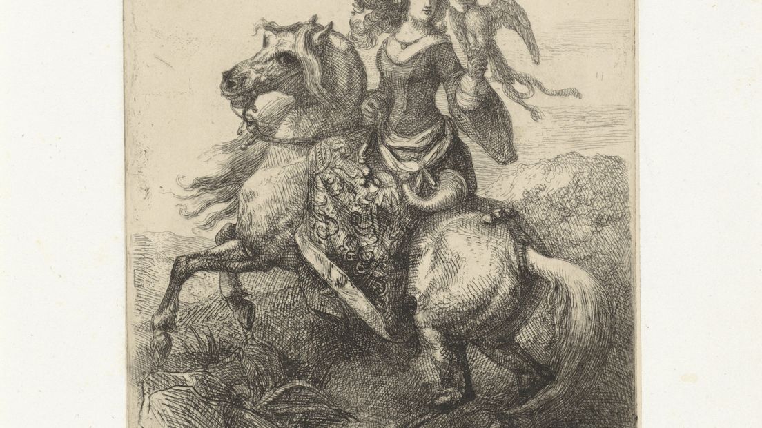 Dame te paard met valk op de hand (Theodoor Schaepkens, collectie Rijksmuseum)