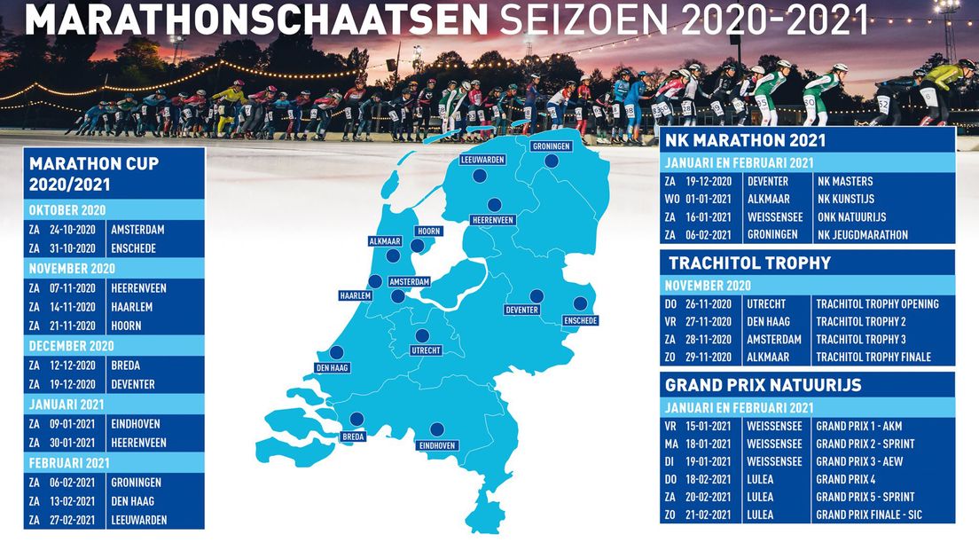 De voorlopige kalender marathonschaatsen