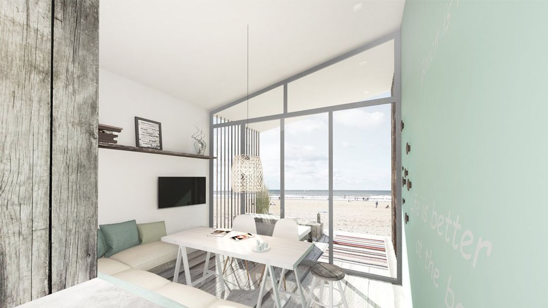 Artist impression van het interieur van het Haagse strandhuisje