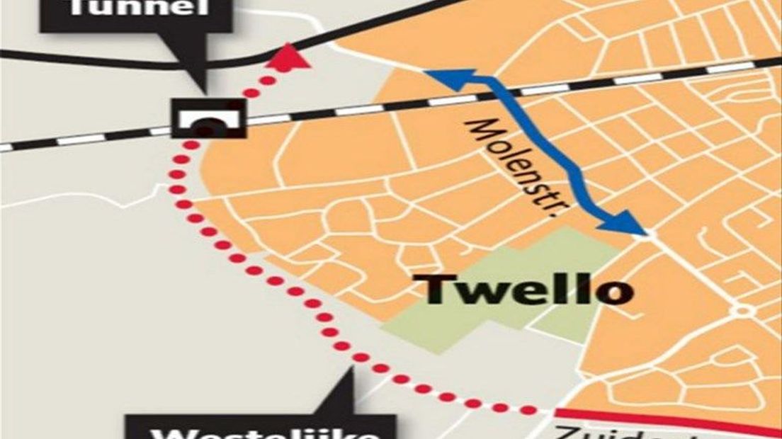 De gewenste randweg moet de Zuiderlaan/Westerlaan aansluiten op de Rijksstraatweg (N344).