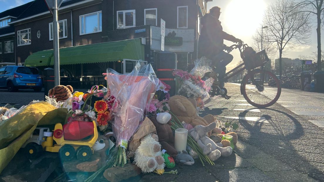 Bloemen en knuffels op de Vleutenseweg, waar in maart een meisje (7) verongelukte