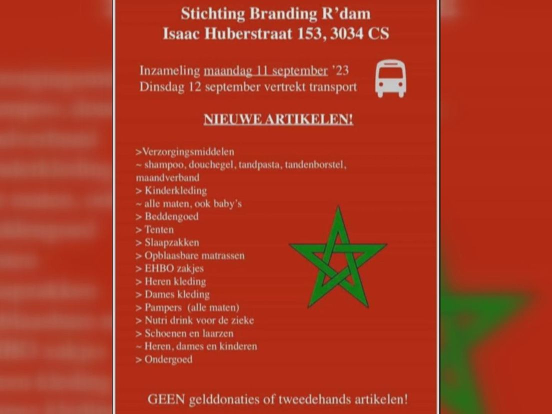 Folder voor inzameling van spullen voor slachtoffers van aardbeving Marokko