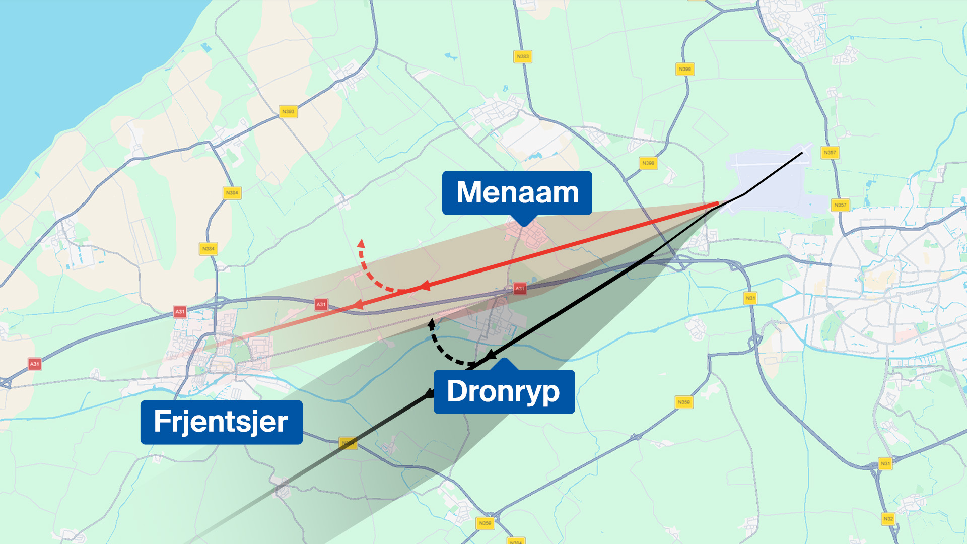 De swarte line is de rûte dy't no flein wurdt, de reade komt der ekstra by