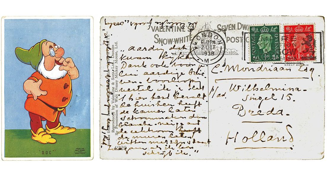 Voor- en achterzijde van briefkaart van Piet Mondriaan aan zijn broer Carel, 2 oktober 1938.