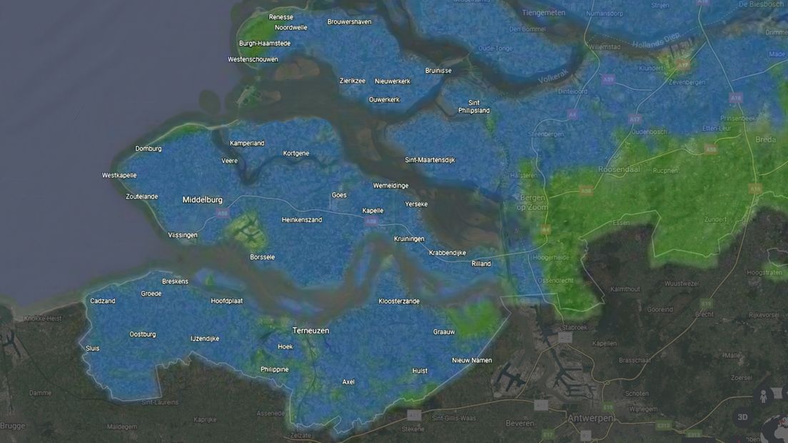 De blauwe delen van Zeeland zouden volgens de wetenschappers opgegeven moeten worden