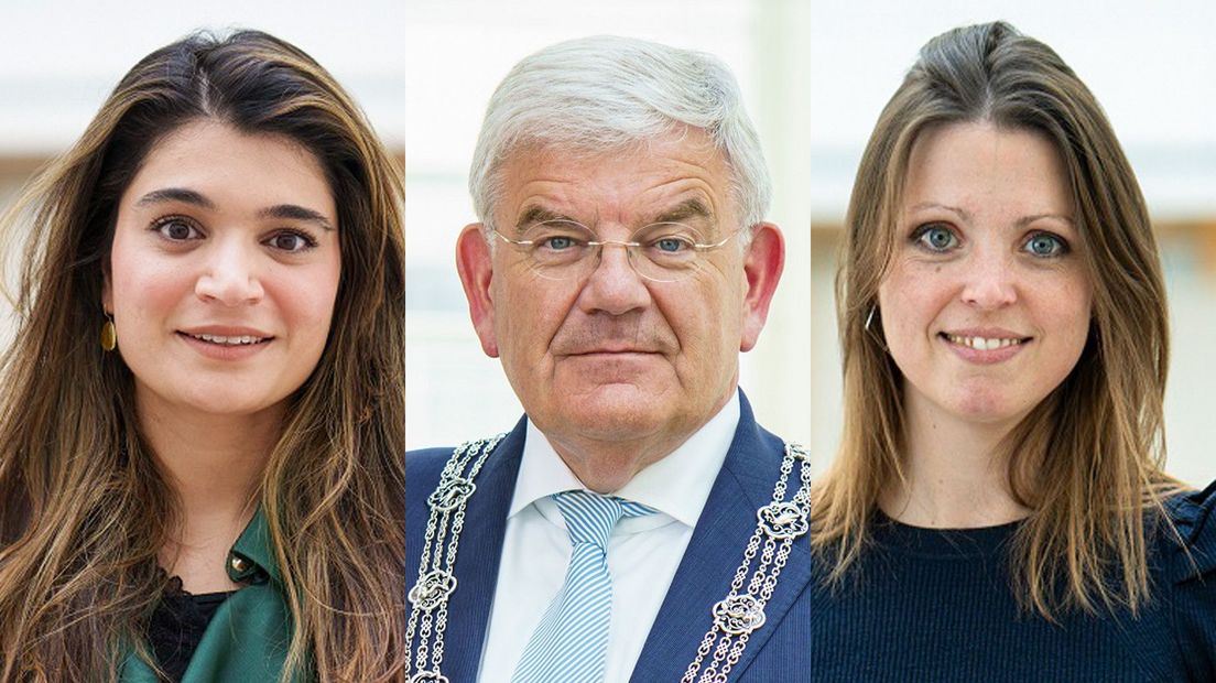 Burgemeester Jan van Zanen, Hera Butt (GL) en Lotte van Basten Batenburg (VVD)