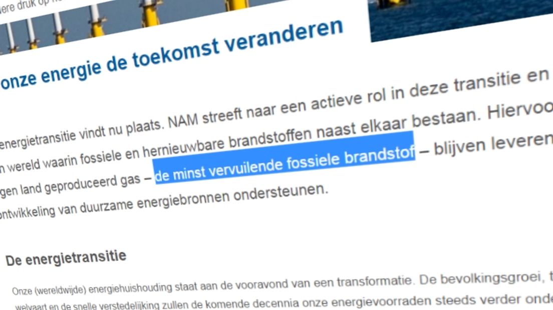 De NAM noemt gas nu 'de minst vervuilende fossiele brandstof' (screenshot: nam.nl)