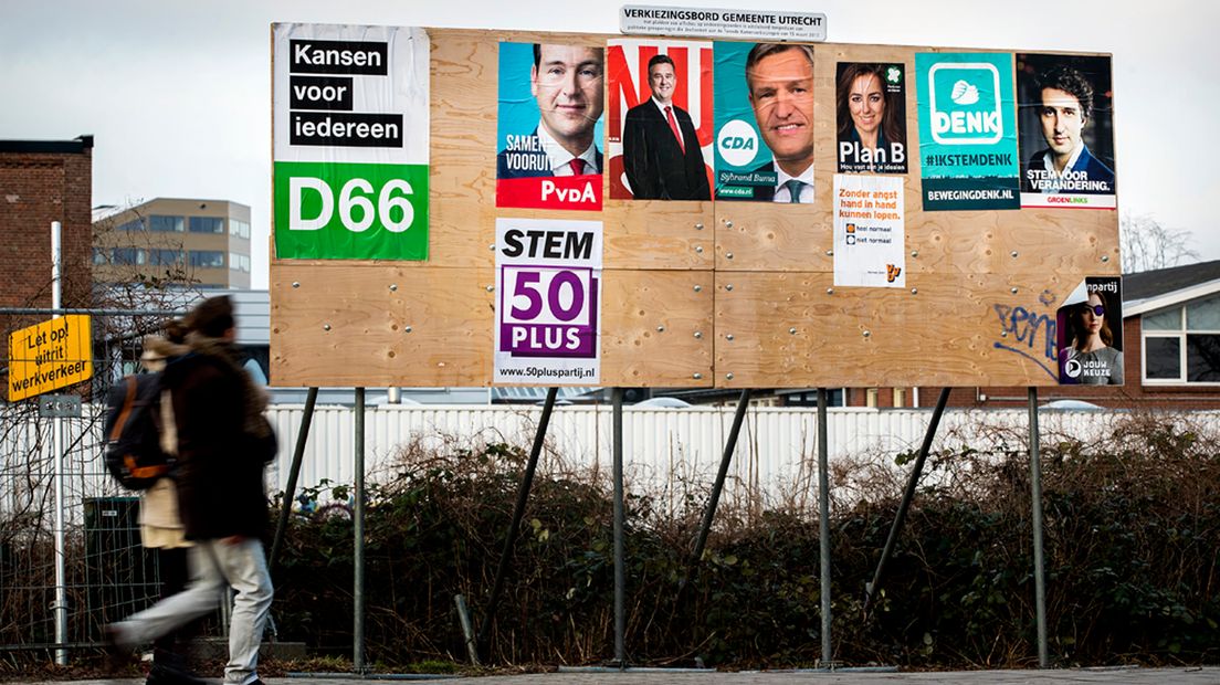Een verkiezingsbord in de stad Utrecht