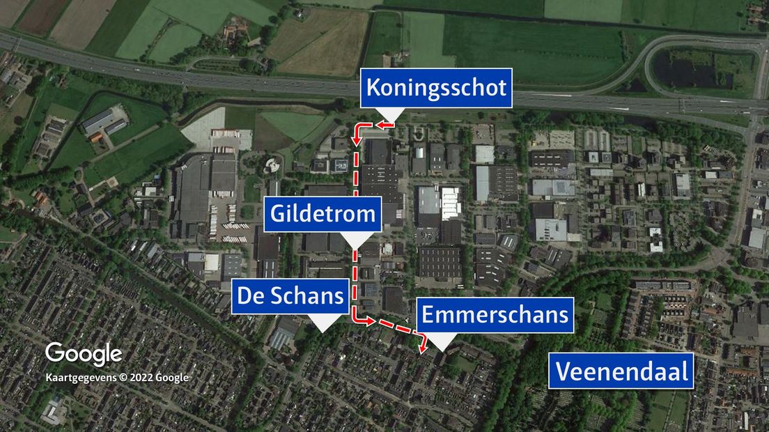 De dief heeft waarschijnlijk deze route afgelegd.