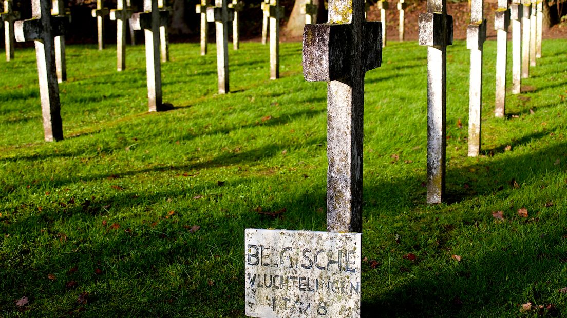 De graven van de Belgische vluchtelingen met bordje erbij (Rechten: RTV Drenthe)