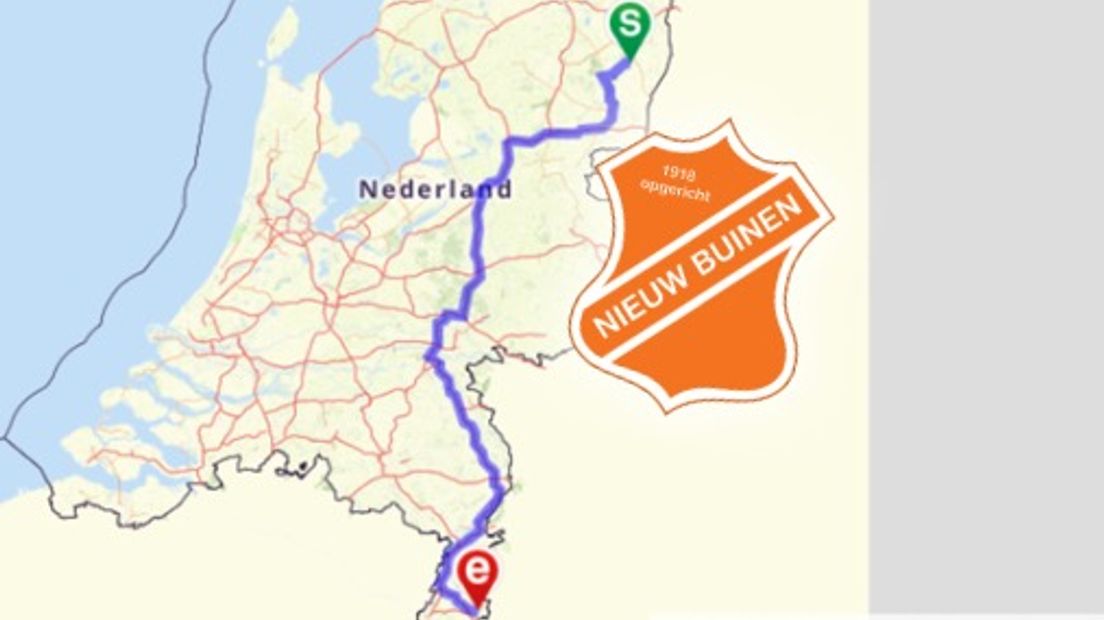 De route die Nieuw Buinen op zodnag moet afleggen voor de nacompetitiewedstrijd in Landgraaf (bewerking: RTV Drenthe)