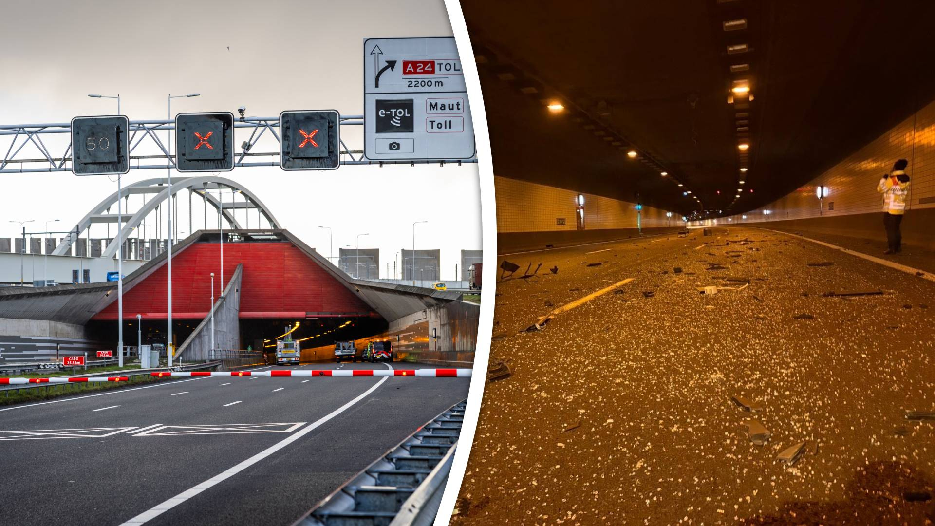 De Thomassentunnel is afgesloten nadat een te hoog voertuig onderdelen heeft gesloopt