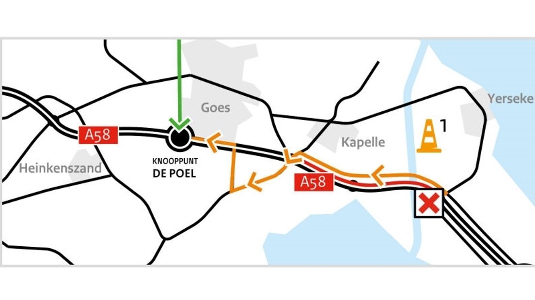 tussen Yerseke en Goes-Zuid is de A58 afgesloten