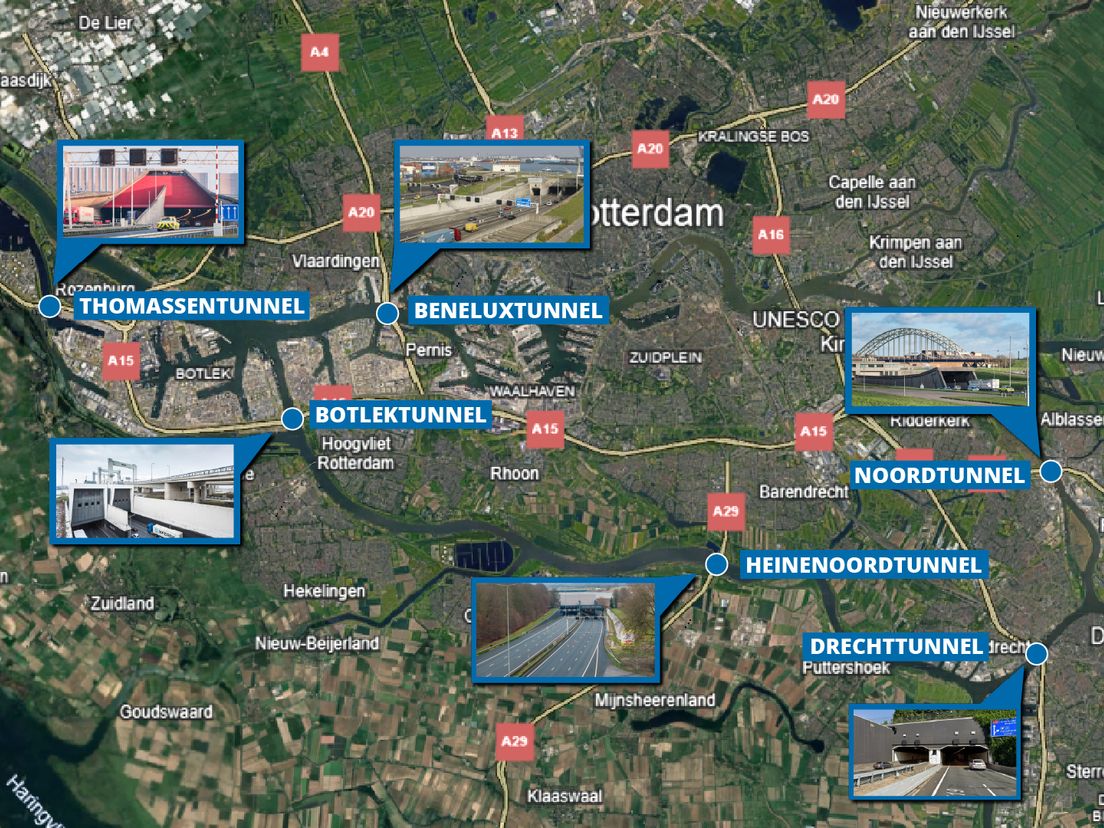 Snelwegtunnels met hoogtedetectie in regio Rijnmond