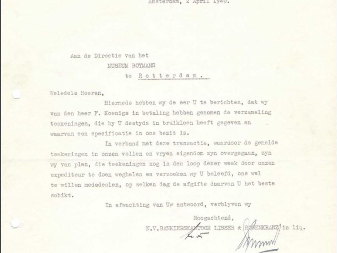 Brief van de bank, waarin staat dat collectie niet meer eigendom is van Koenigs (boijmans.nl)
