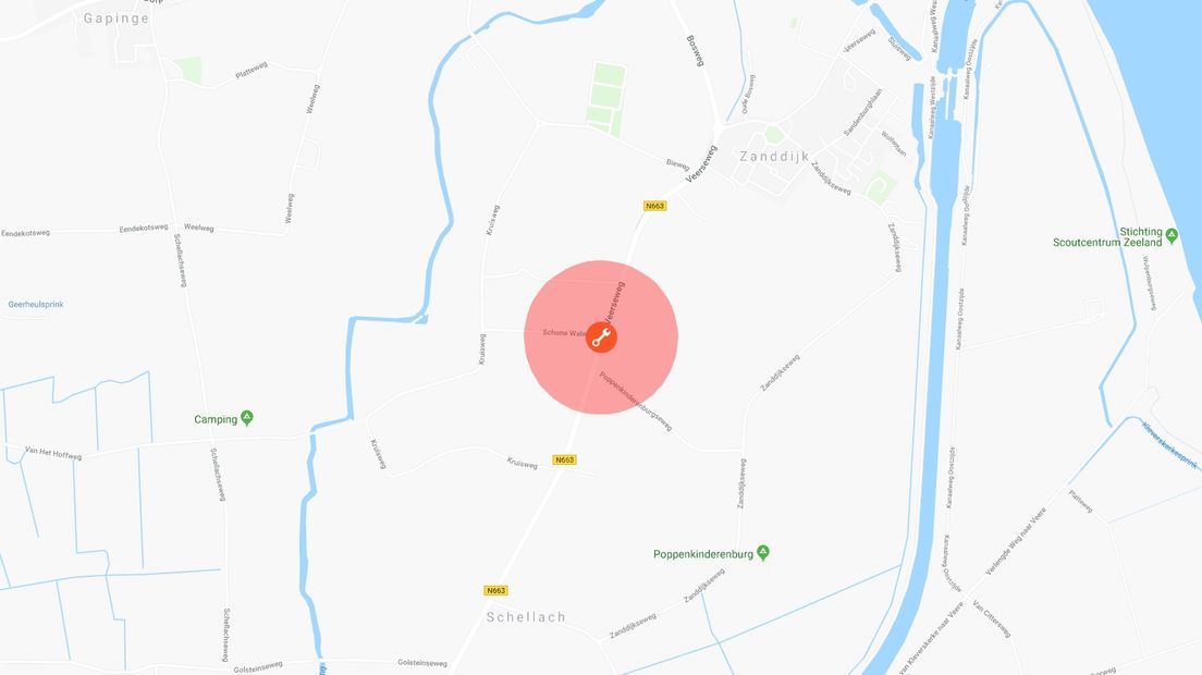 Kaart van gebied waterstoring in Veere