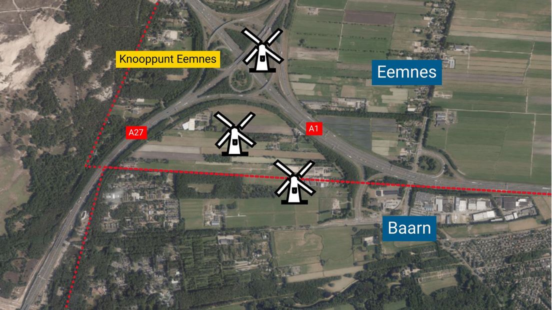 De PvdA in Eemnes stelde drie windmolens bij de grens met Baarn voor, maar daar lijkt geen raadsmeerderheid voor te vinden.
