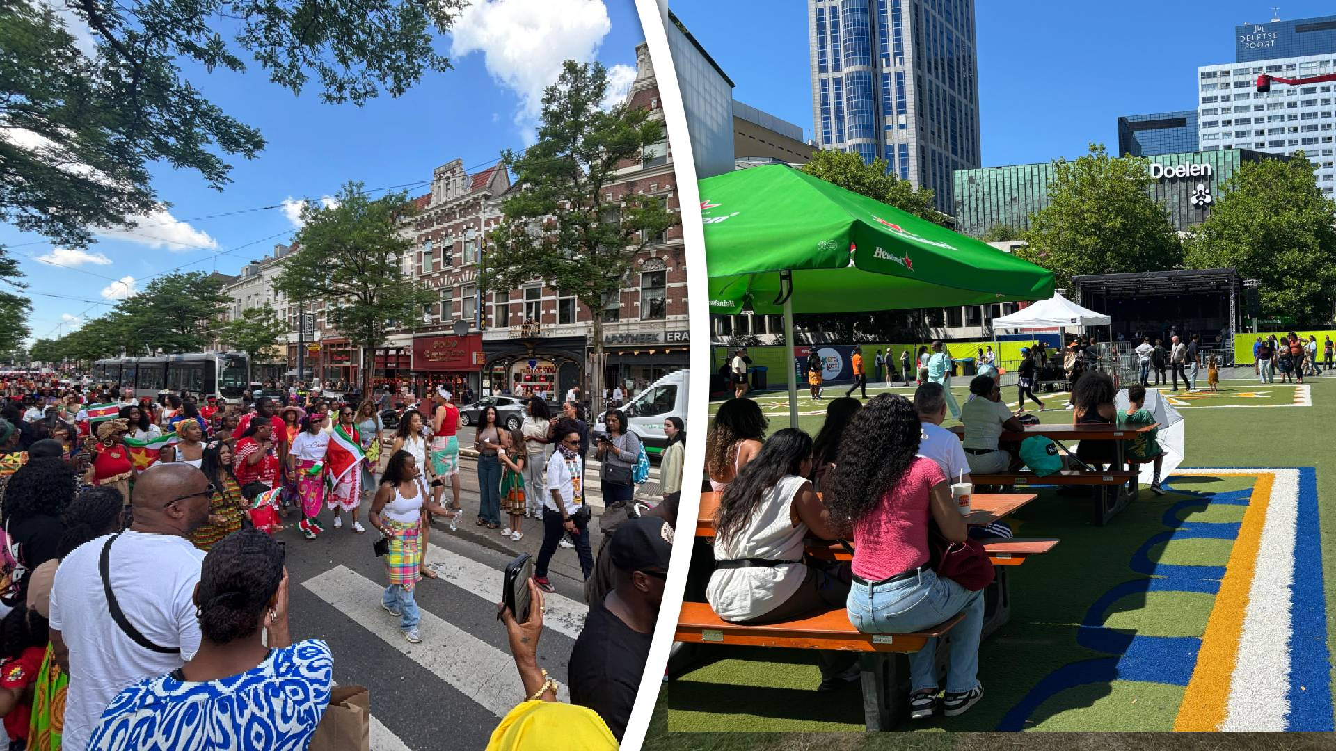 Links: de Bigi Spikri optocht | Rechts: programmering op het Schouwburgplein