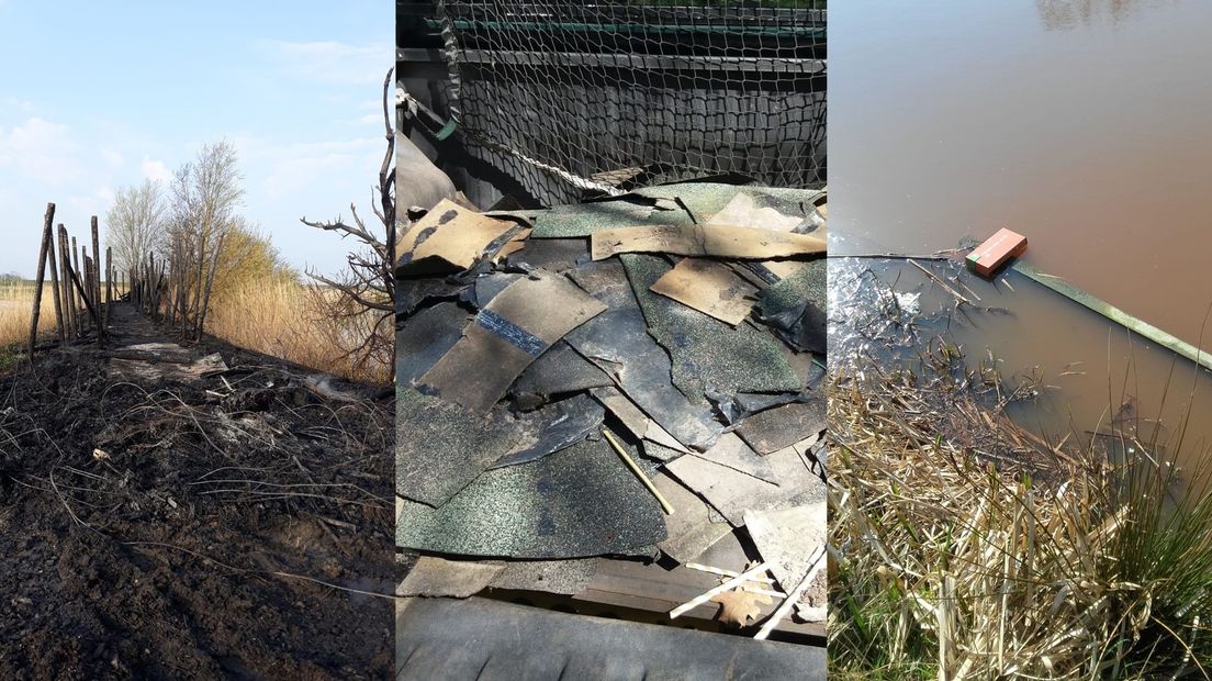 De verbrande kijkhut in Ezumazijl, gedumpt dakleer en een vernield bord in het water