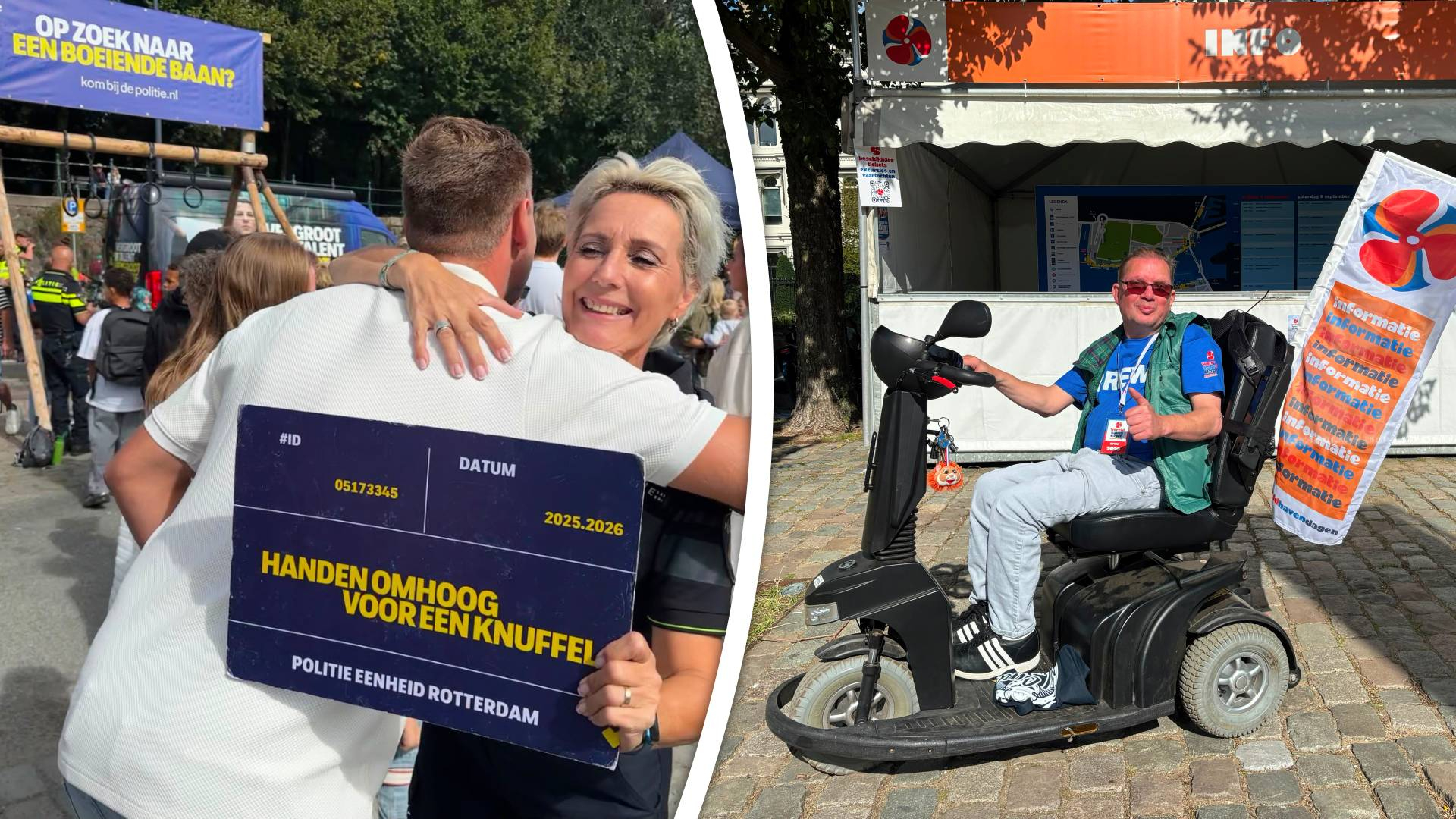 Agent Nicole geef voorbijgangers een dikke knuffel | Vrijwilliger Carlo wijst vanuit zijn rolstoel bezoekers de weg