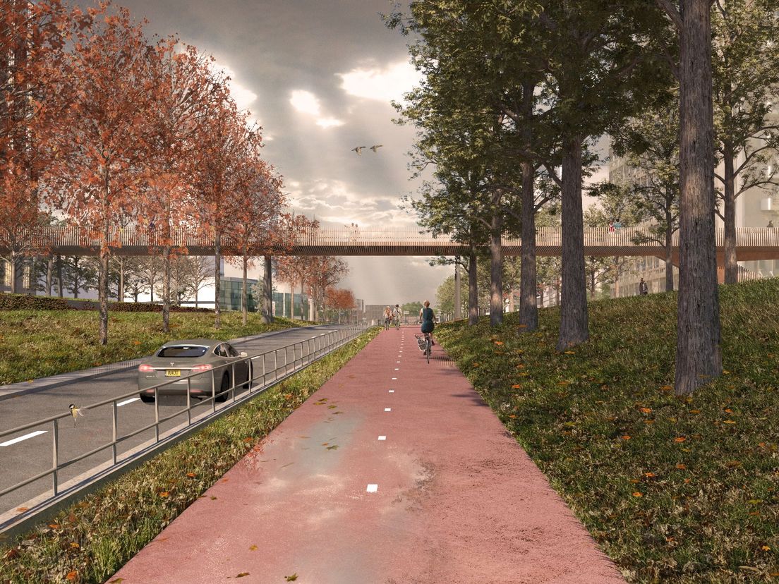 Impressie van wandelbrug over de 's Gravendijkwal