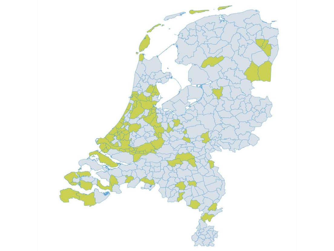 Kaart van Nederland met in het groen de gemeenten met meer dan 200 kilo restafval per inwoner, op basis van cijfers CBS/RWS/Coelo 2019