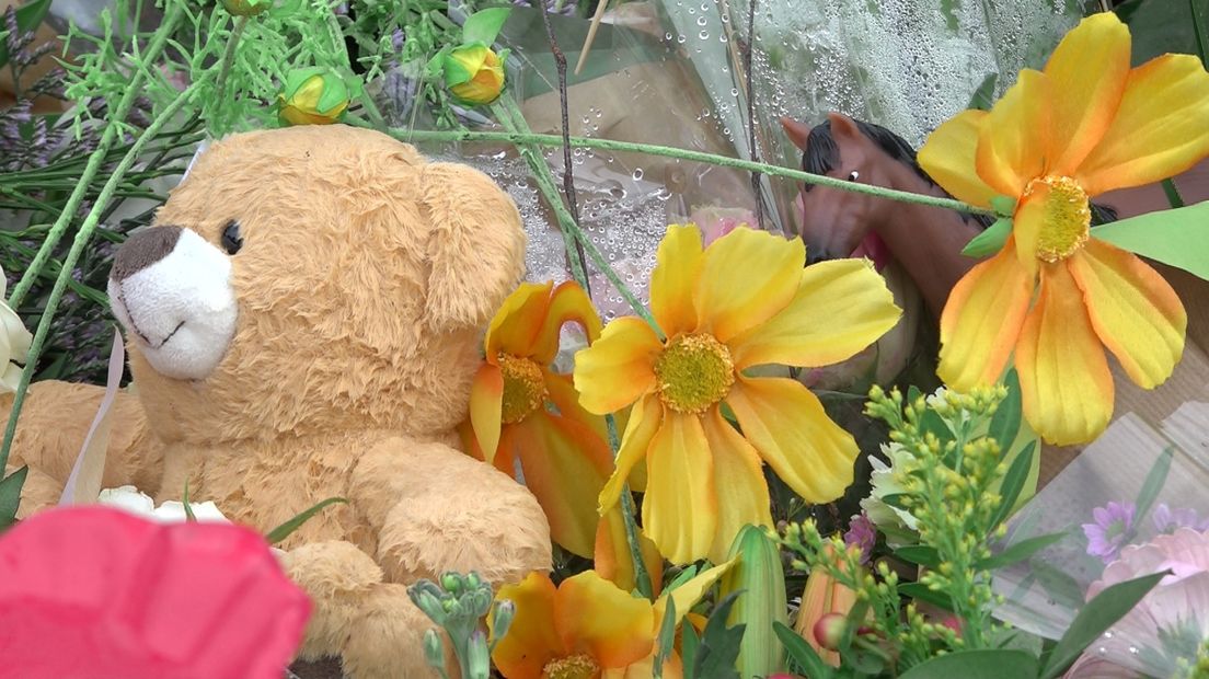 Een teddybeer en een speelgoedpaardje zijn neergelegd ter nagedachtenis aan Jet, omdat ze zo van paarden hield