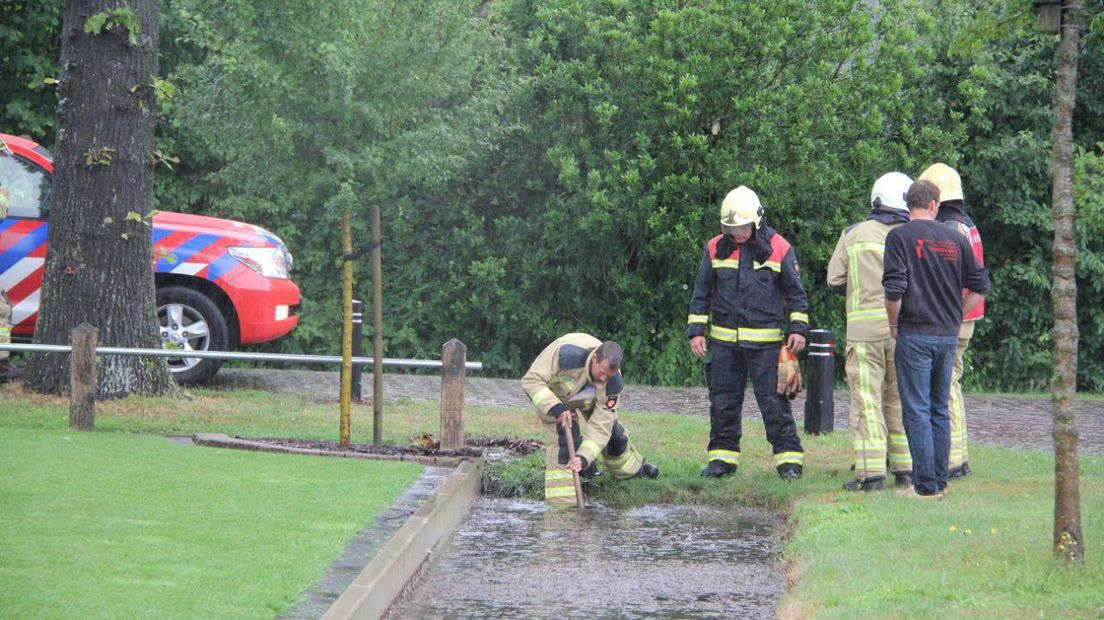 De brandweer pompt het water weg in Darp (Rechten: Van Oost Media)