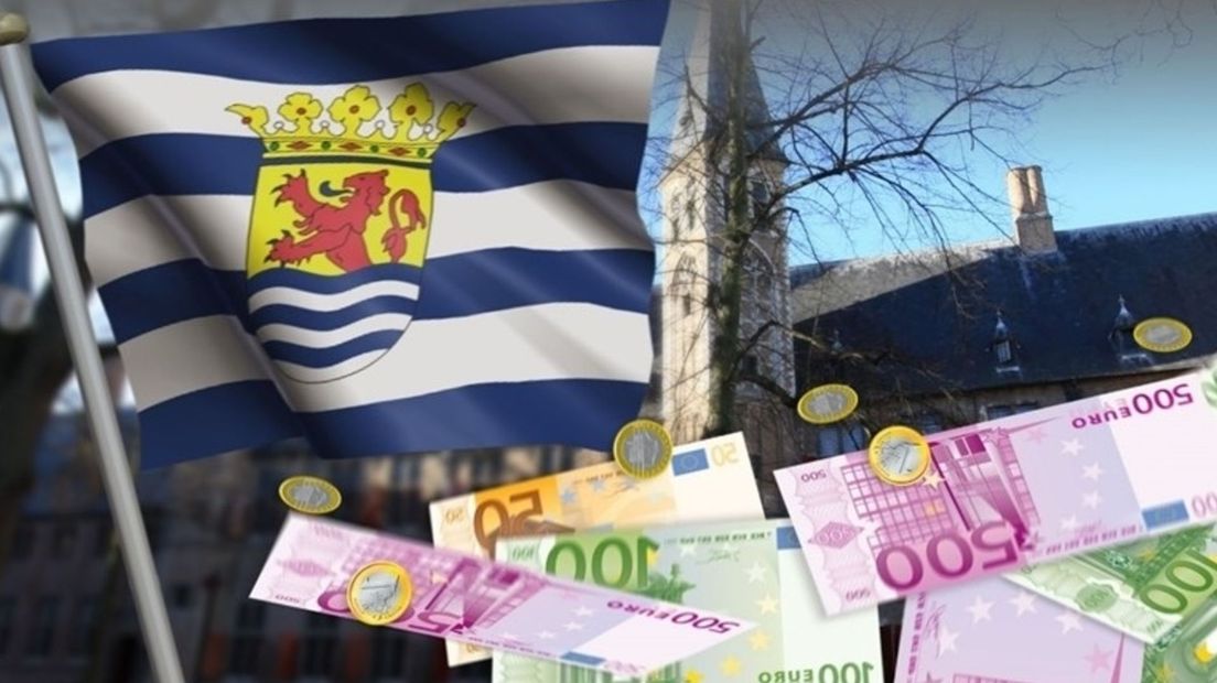 Montagefoto van geld, de Zeeuwse vlag en het provinciehuis van de Provincie Zeeland