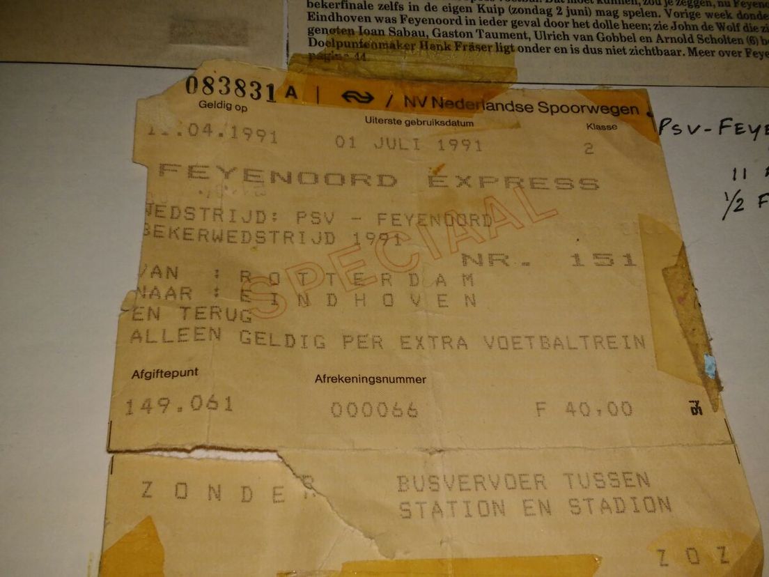 treinkaartje naar PSV-Feyenoord 11 april 1991