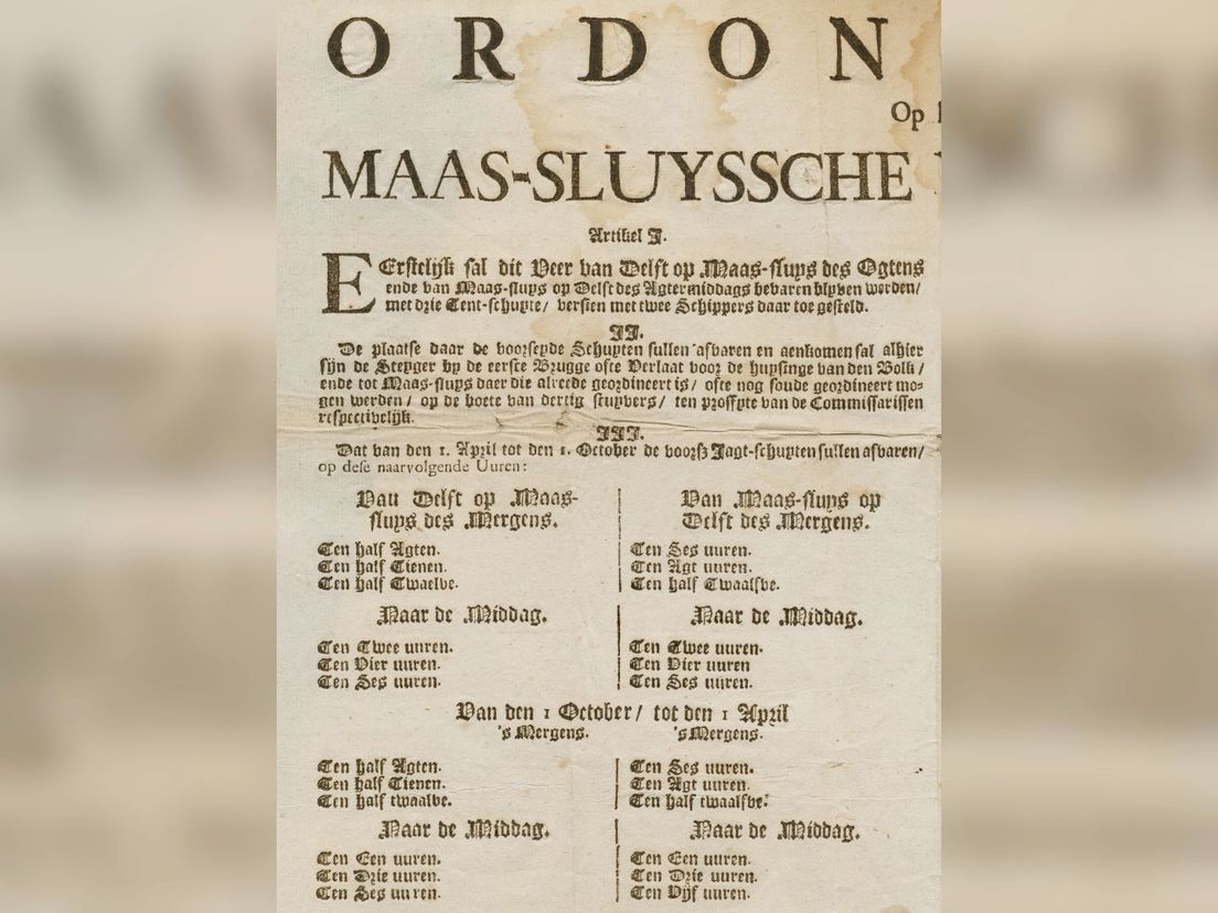 Dienstregeling trekvaart Maassluis-Delft in 1715