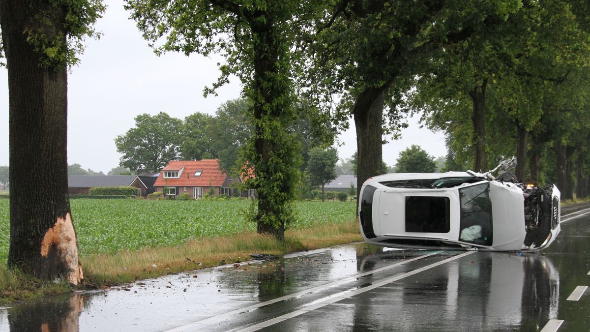 Auto slipt in regenbui en ramt boom bij Mariënheem