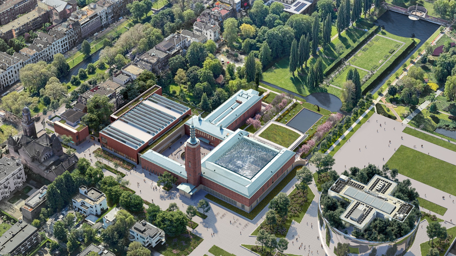 Artist impression: zo ziet museum Boijmans Van Beuningen er van boven uit na de grondige renovatie. Rechtsonder het Depotgebouw.