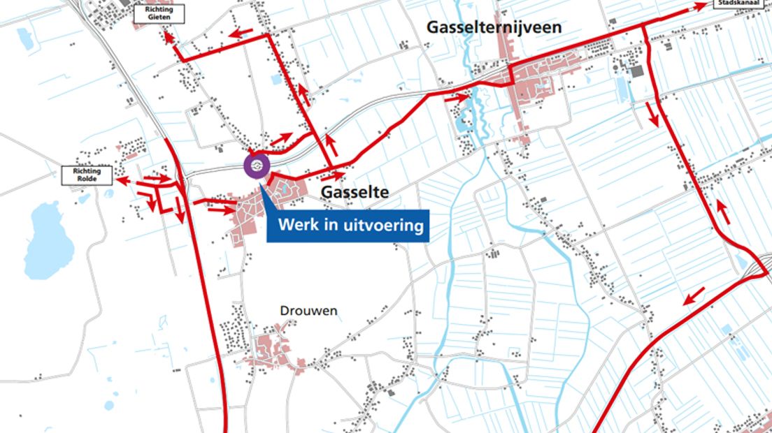Omleidingsroutes N378 bij Gasselte (kaartje: Provincie Drenthe)
