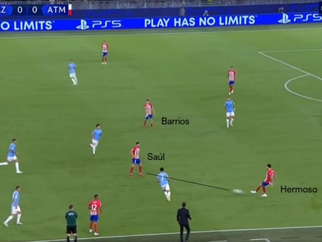 Mario Hermoso met een lokpass op Saúl Ñíguez.