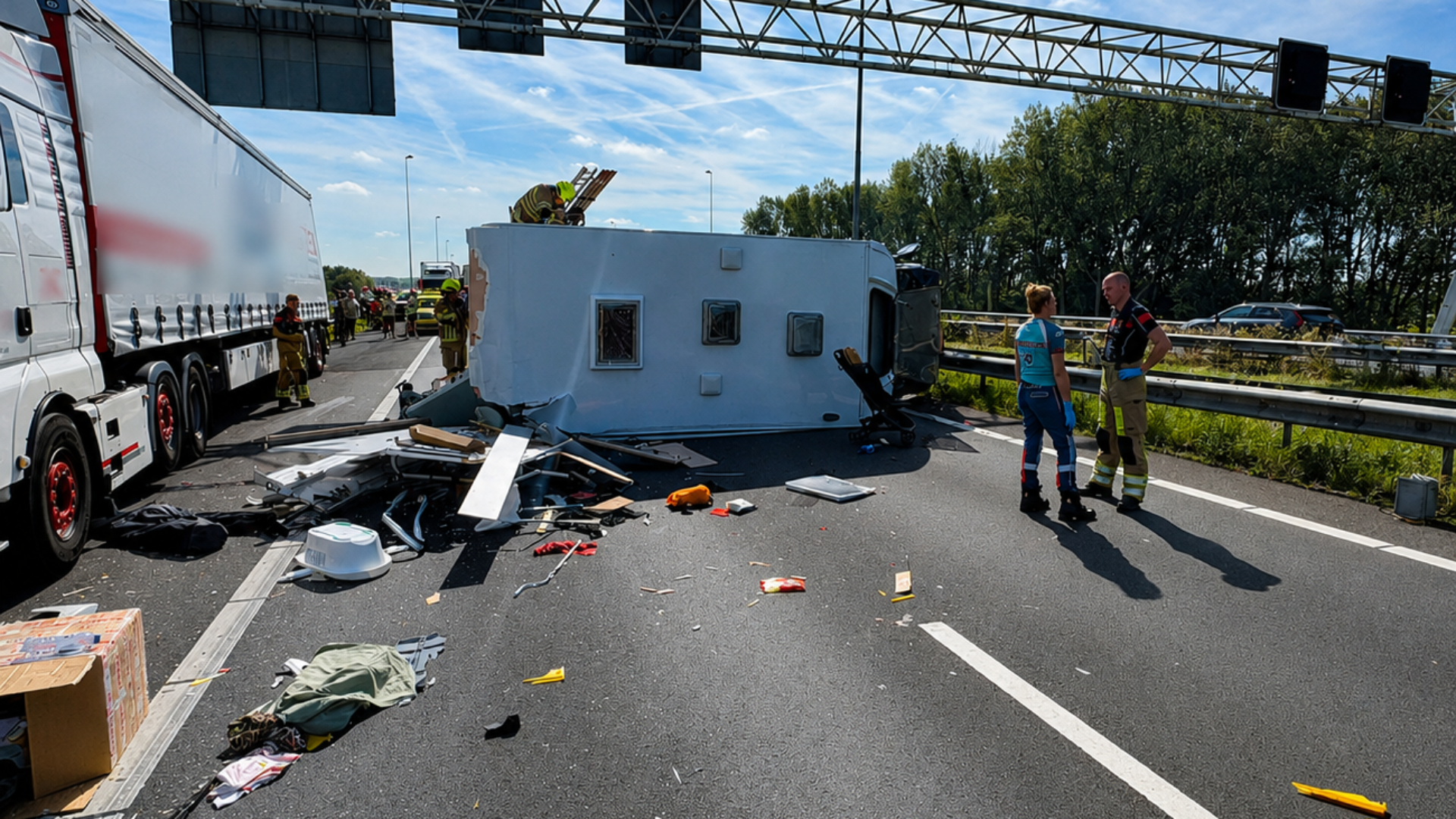 De inboedel van de camper kwam op de weg terecht.