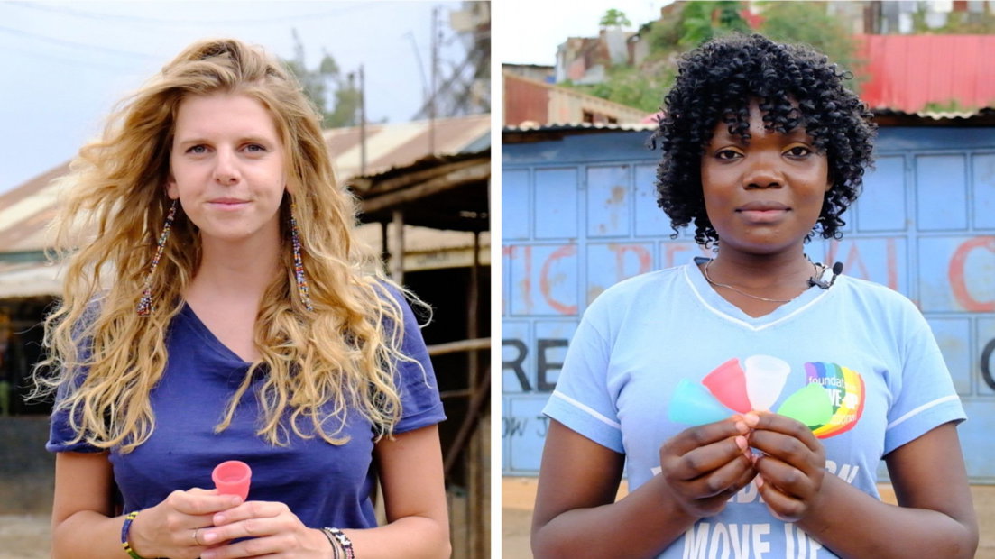 Tjalina (links) zamelt menstruatiecups in voor vrouwen in sloppenwijken | Eigen foto