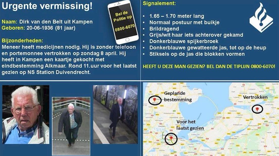De vermissing van Dirk van den Belt (81) uit Kampen is intussen een landelijke zaak geworden