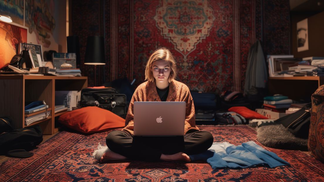 Student achter een computer in de stijl van de Nederlandse fotograaf Erwin Olaf