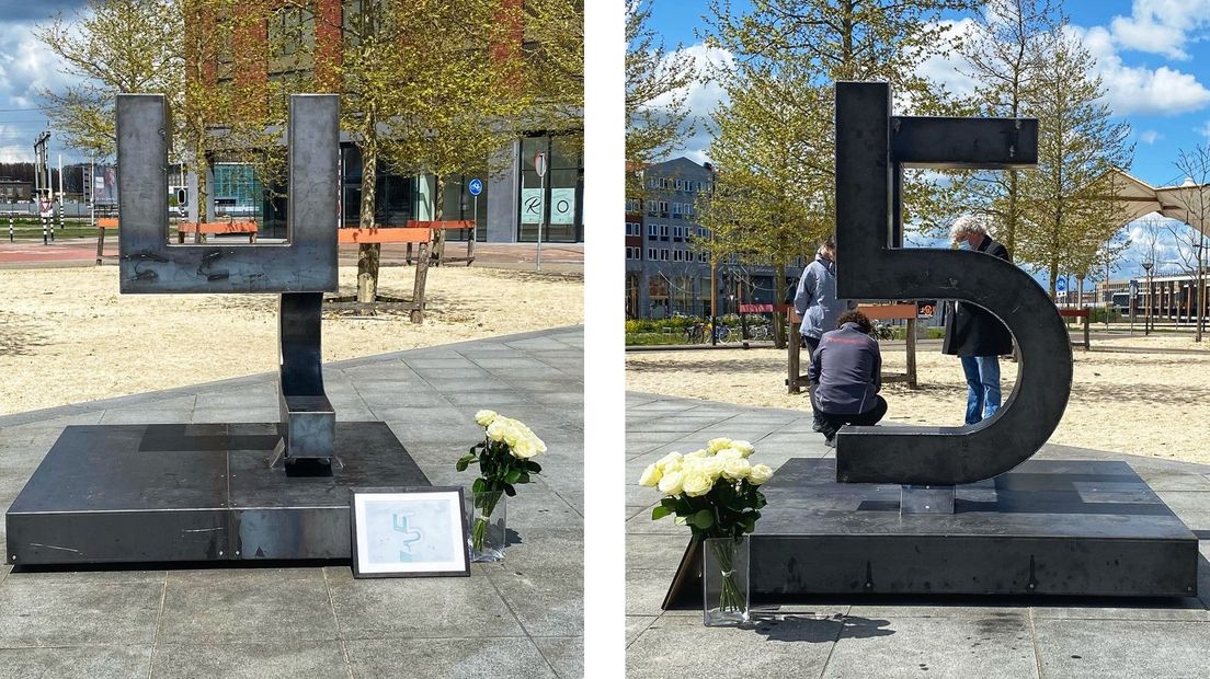 Het onthulde monument op het Berlijnplein, waarin je vanuit verschillende hoeken het getal 4 en 5 kunt zien