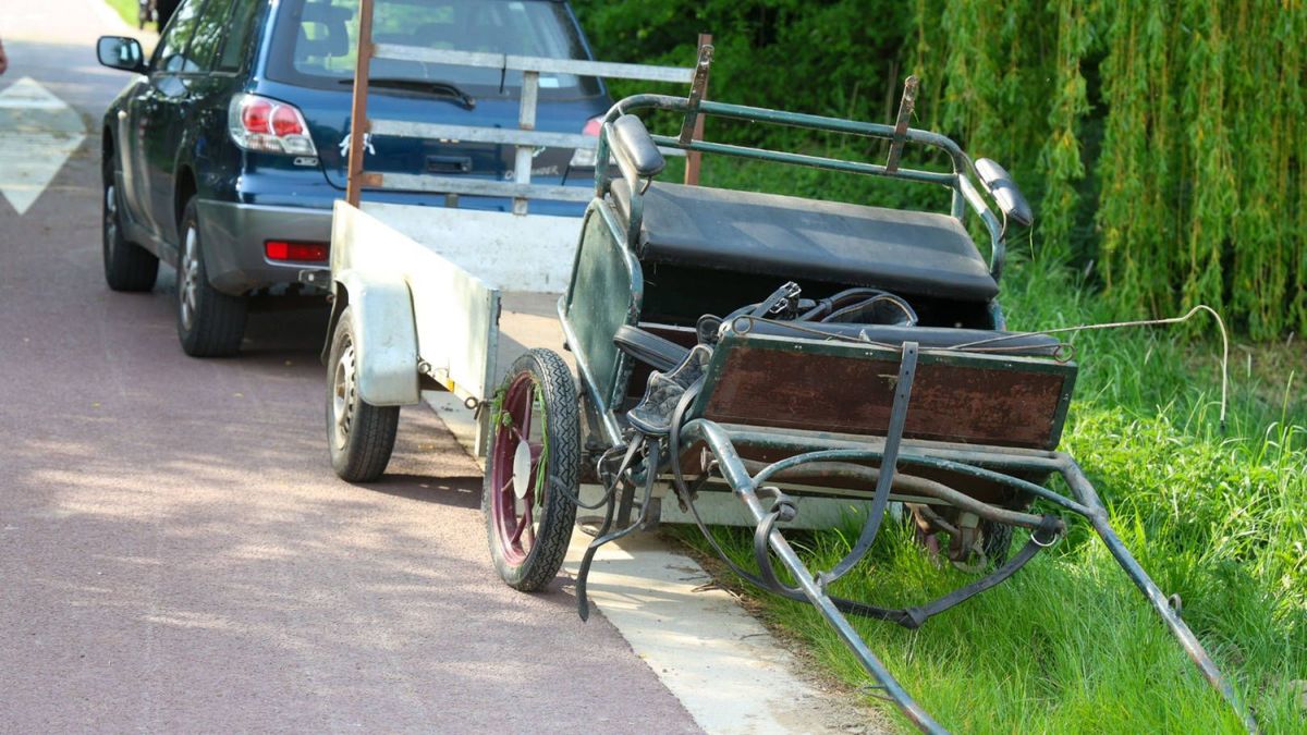 Paardenkar over de kop nadat paarden op hol slaan